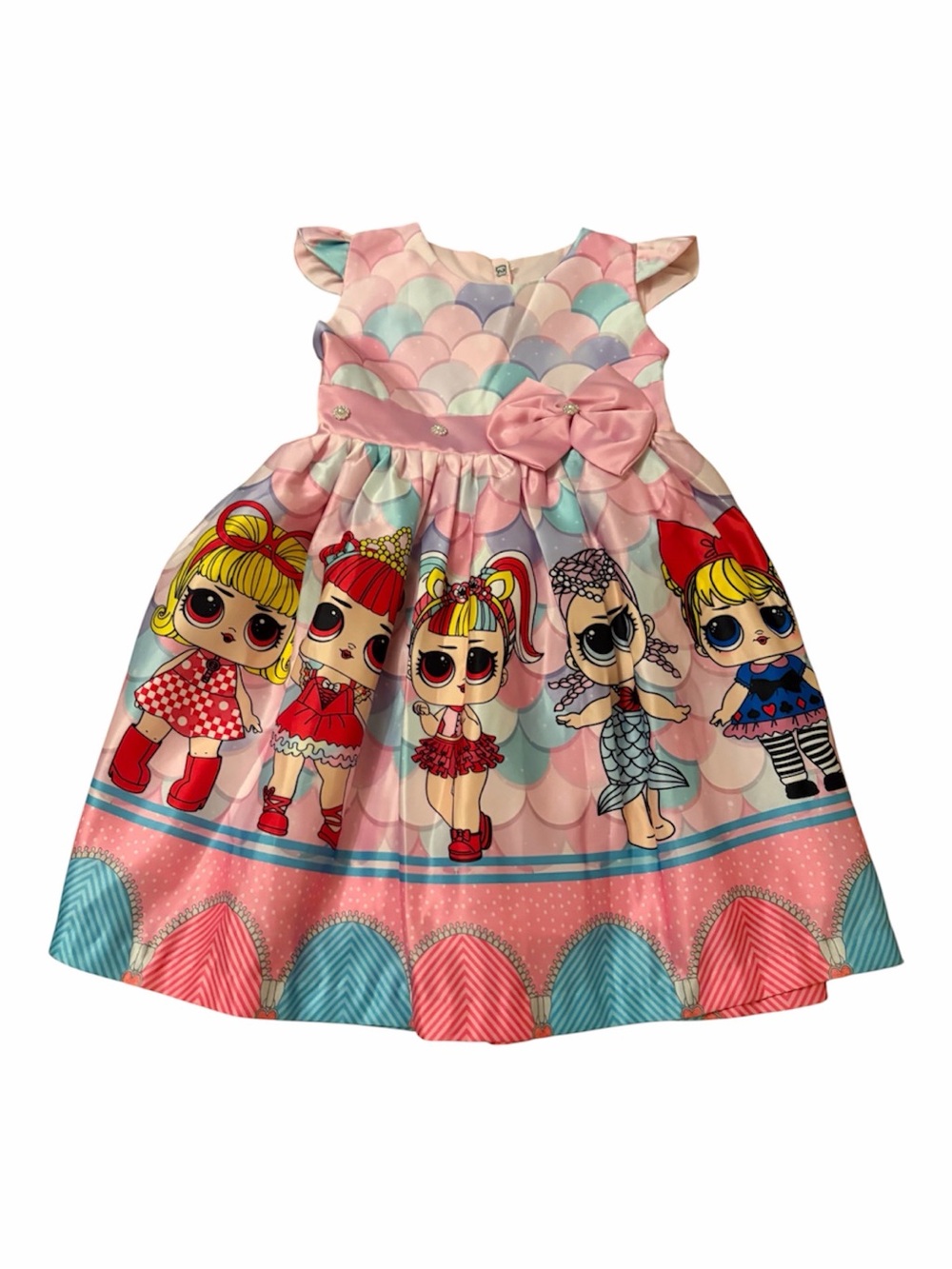 Girl’s Party Dress Pastel Pink & Aqua Character LOL with Bow